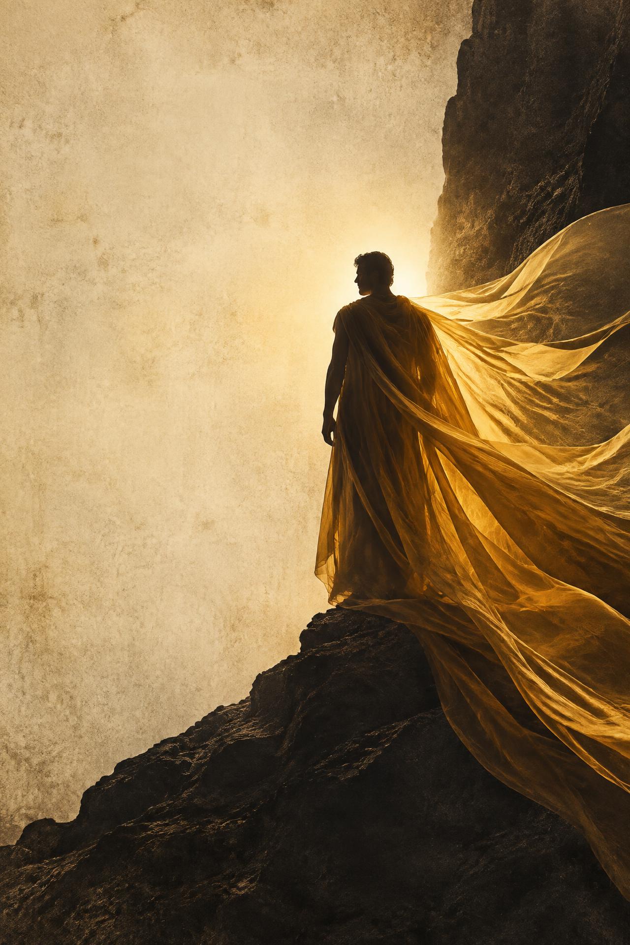 A silhouetted figure with golden fabric trailing behind, lit from the horizon